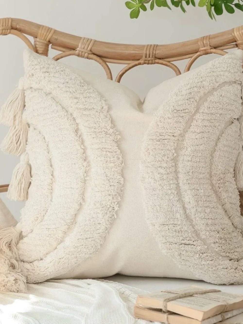 Beautiful Half Moon Accent Boho Tufted Decorative Throw Pillow Cover, bone color